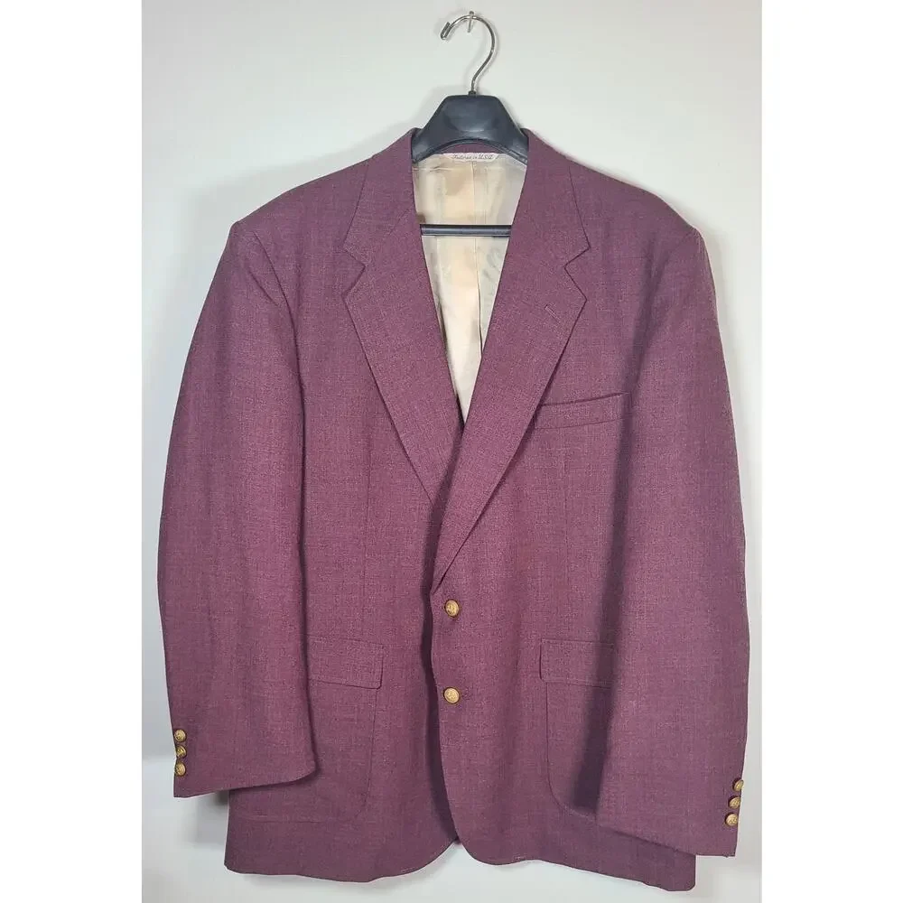 Stafford Blazer Mens 48L Plum 2 Button Hopsack Sport Coat Gold Buttons USA